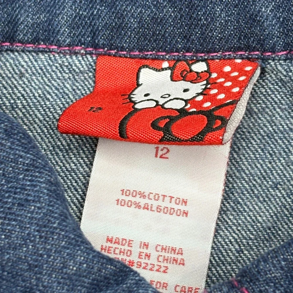 Hello Kitty Girls Denim Shirt Dress Blue Pink Ruffle Embroidered Size 12 Y2K